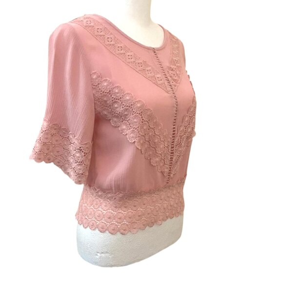 Self Esteem Pink Lace-Trim Crewneck Short Bell Sleeve Back Tie Top Size Small - Picture 4 of 7